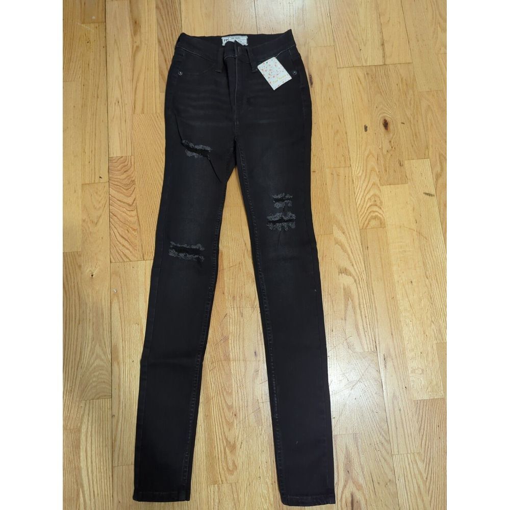 Free People High Rise Skinny Jeans True Black Distressed Coated Denim 24